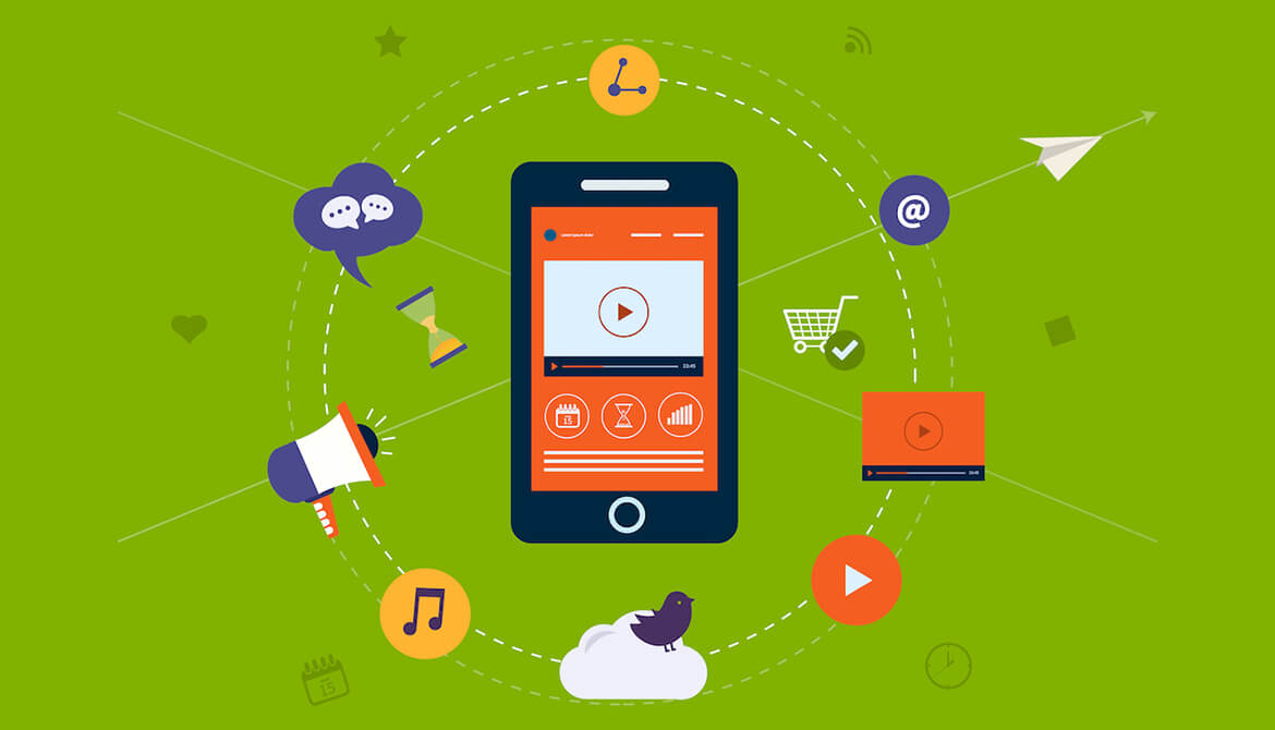 flat graphic of a smartphone surrounded by icons representing marketing channels