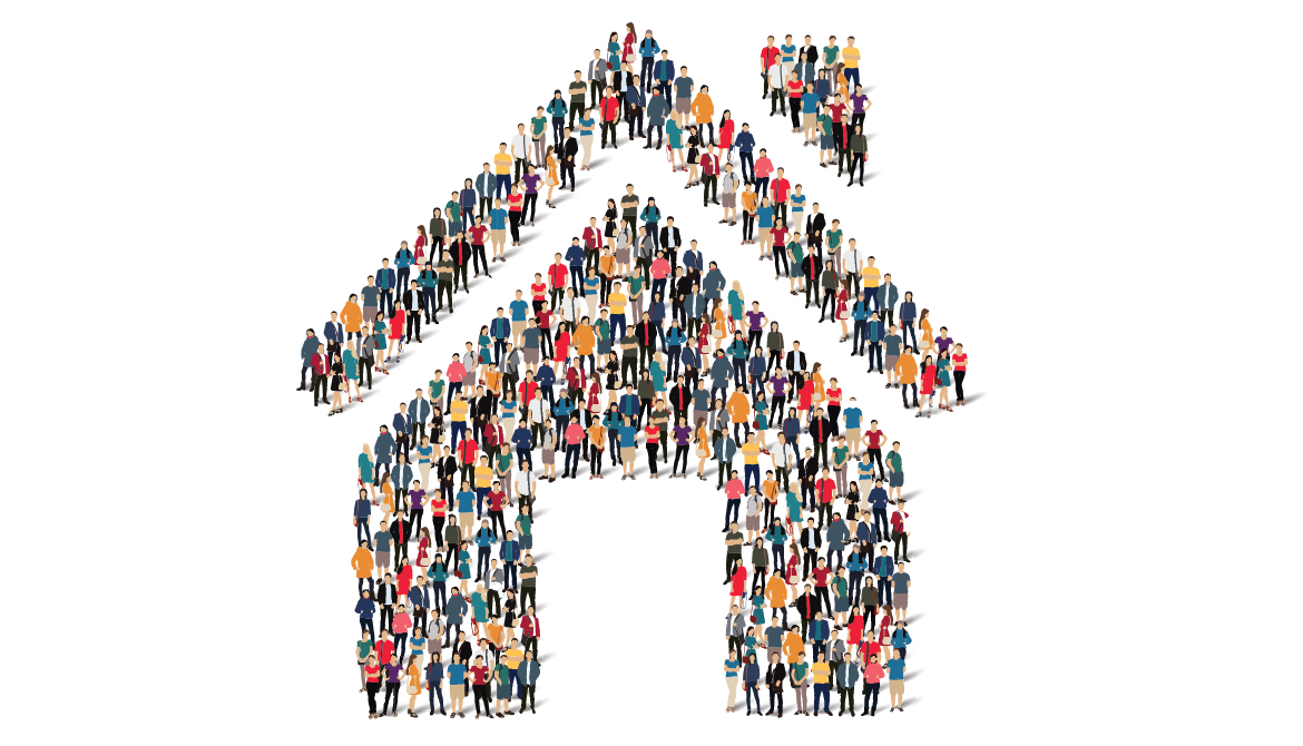 Illustration of a house made up of people figures