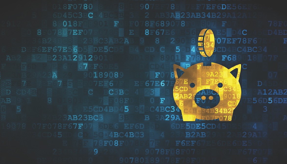 gold coin dropping into a digital piggy bank on a blue digital backdrop
