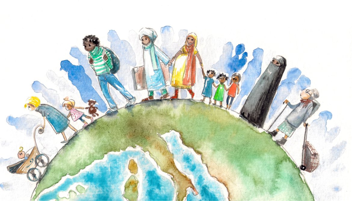 Watercolor illustration of people migrating across the world