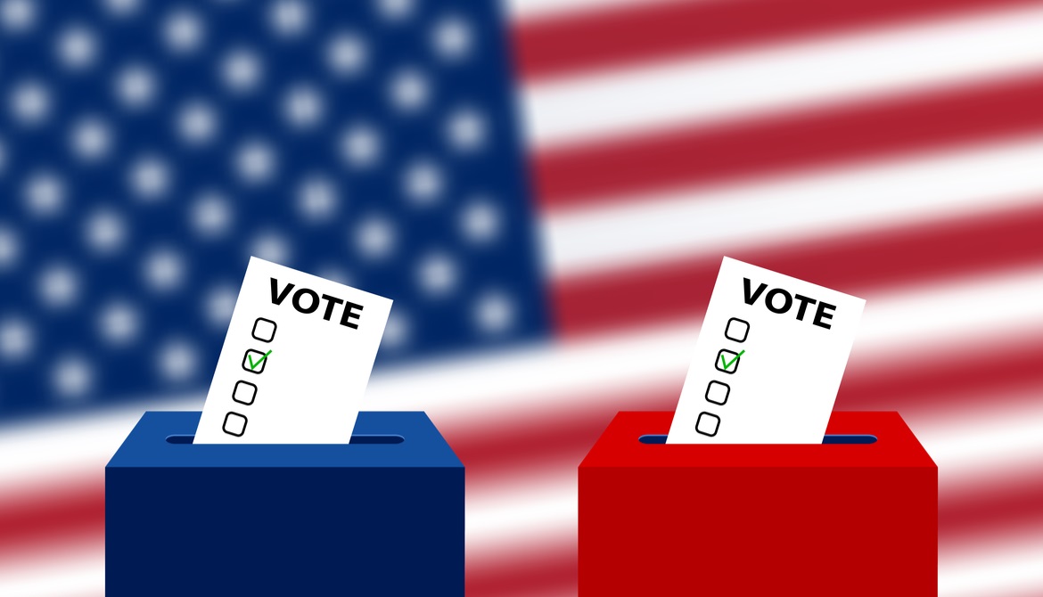 red and blue ballot boxes with an American flag in the background