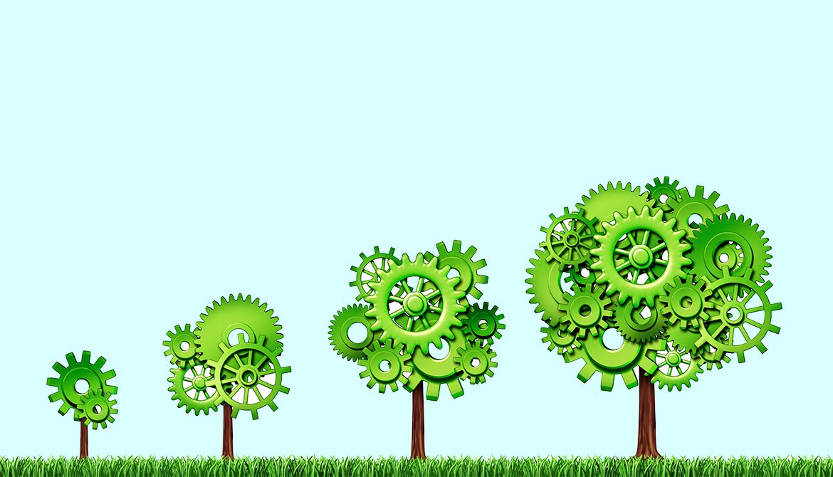 four trees of increasing height with gears for leaves