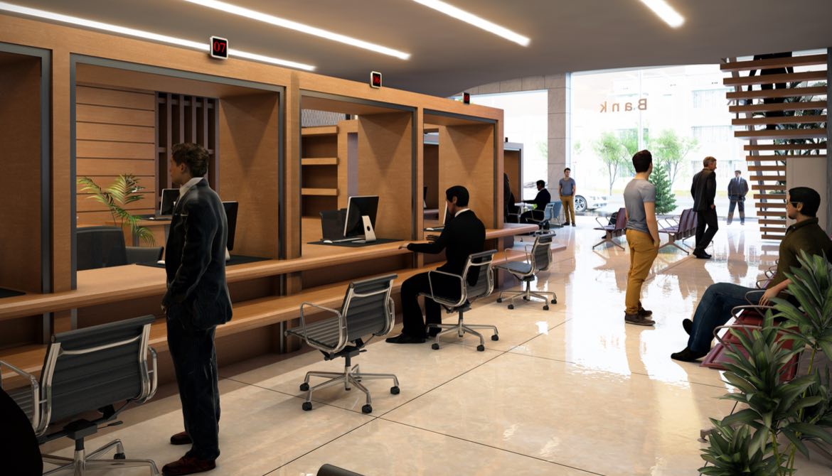3D rendering of an attractive bank branch lobby and teller booths