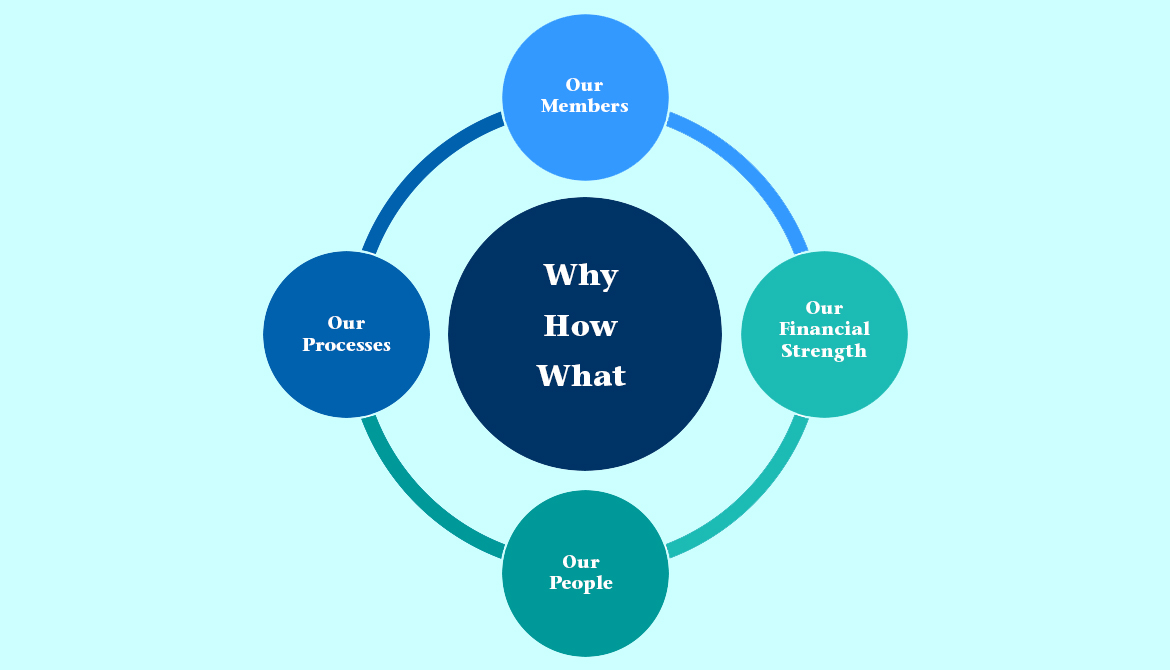 diagram labeled how why and what in the middle of a circle surrounded by Our members Our Financial Strength Our people and Our Processes