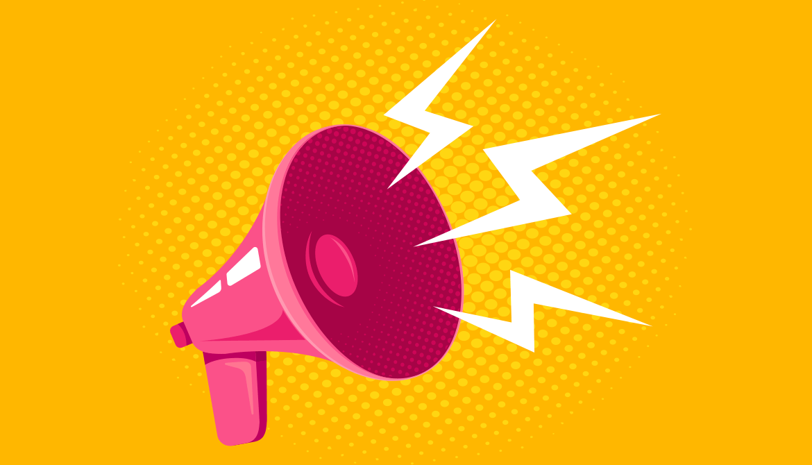 illustration of pink megaphone blasting loud communication on a yellow background
