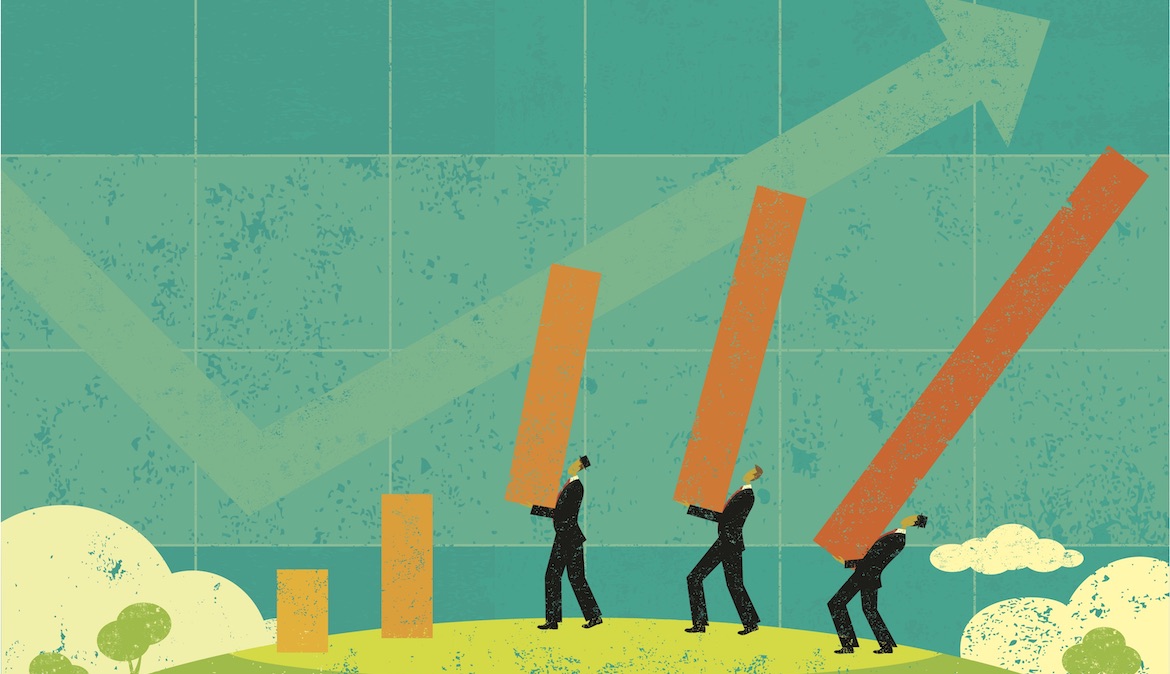 illustration shows business men placing bar chart bars on a hill suggests improvement and progress