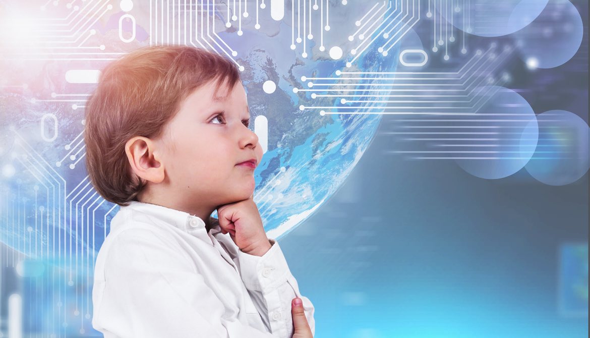 adorable little boy thinking on a technology background