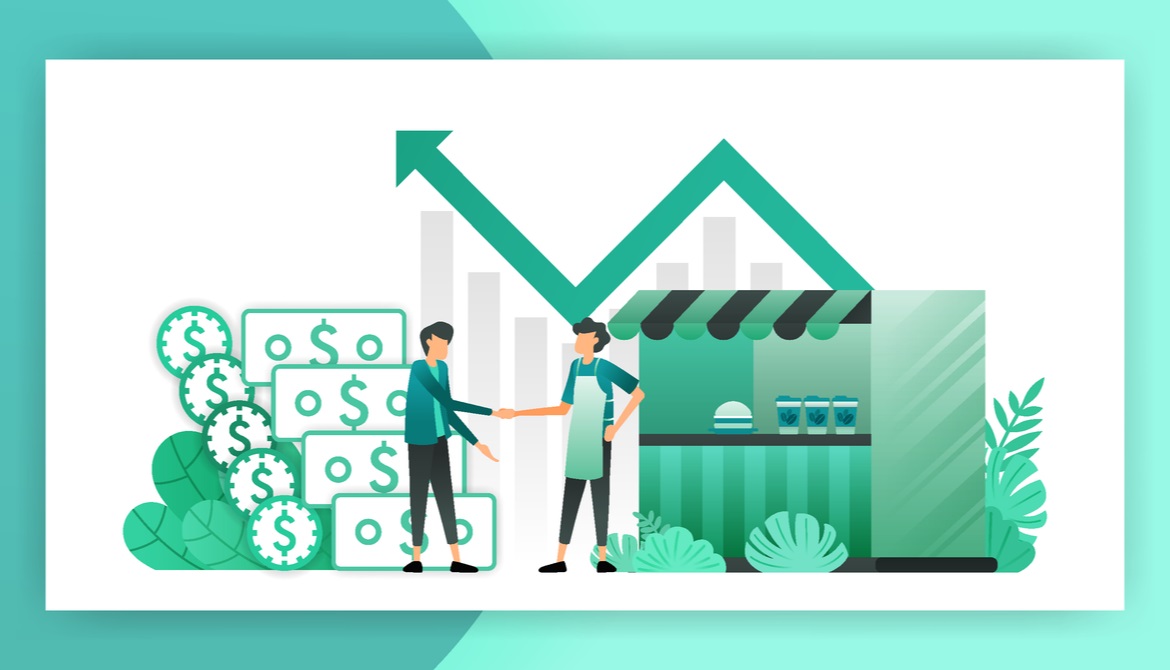 illustration of small business owner shaking hands with lender in front of shop and upward trending graph and money