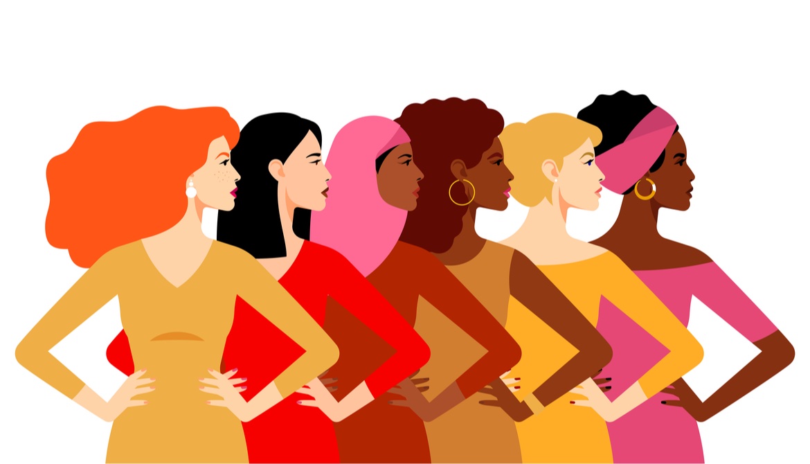 illustration of six different diverse women standing with hands on their hips