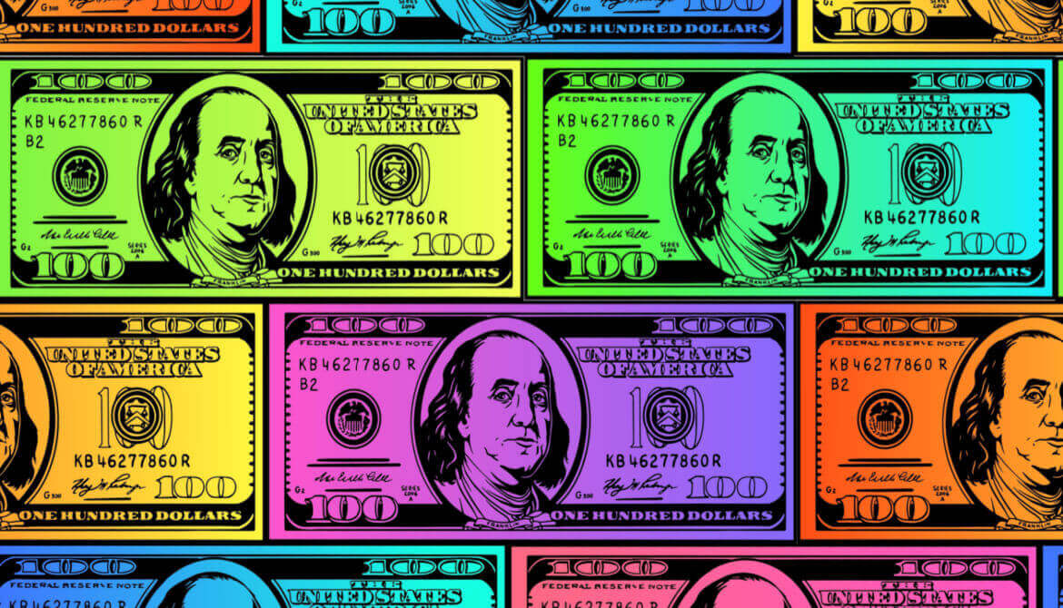 dollars in rainbow colors