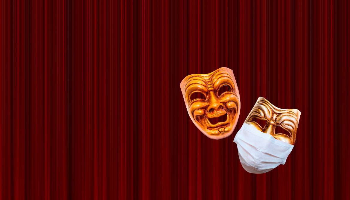 comedy theatrical masks one with a medical mask