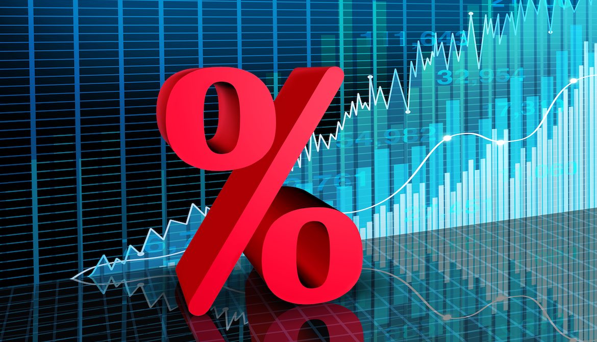 red percent symbol in front of chart of rising interest rates