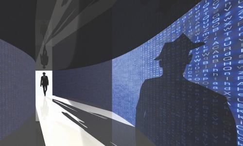 Dark figure in a black hat walking down a corridor made of data