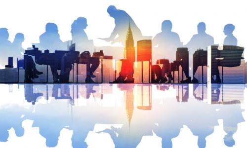group at a board table superimposed over a city skyline