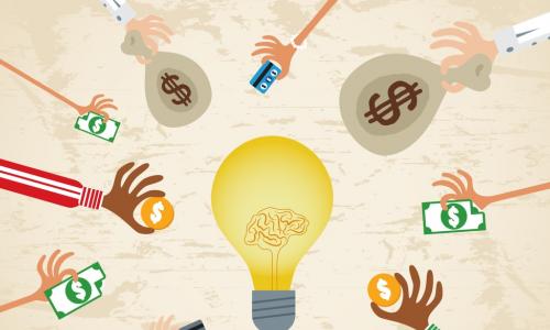 illustration of lots of hands involved in lending with a strategy and idea light bulb in the middle