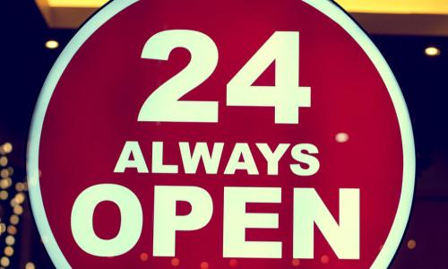 shop sign says 24 always open