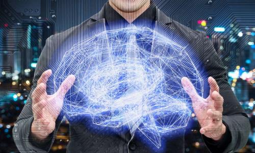 business man holding a glowing digital brain
