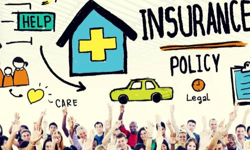 group of people raising hands under illustration of insurance policy