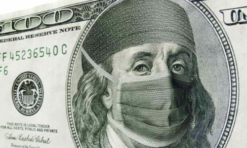 100 dollar bill with Ben Franklin in a surgical mask