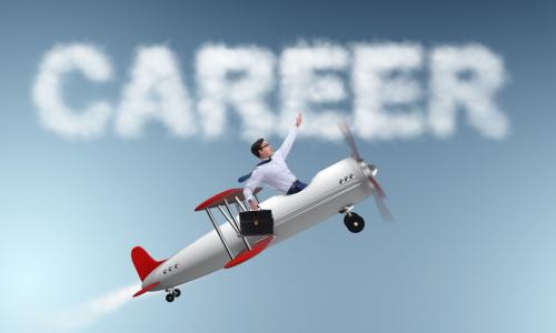  Businessman flying in an airplane career concept