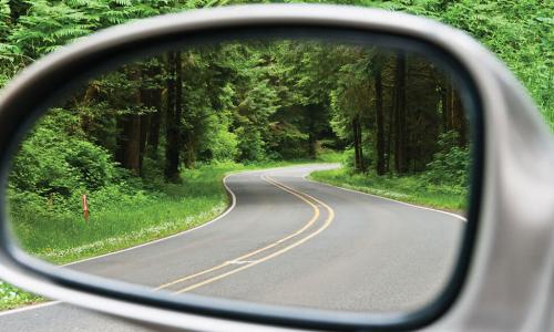 reflection of winding forest road in side mirror of car