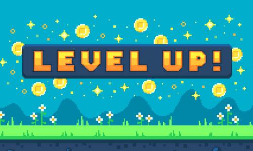 Retro pixel art outdoor landscape with level up game banner