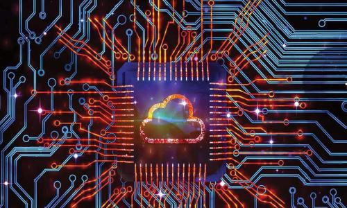 cloud icon surrounded by colorful computer circuitry