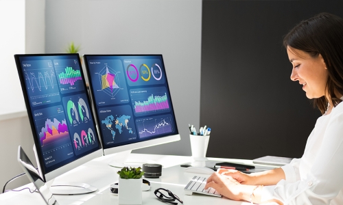 woman looking at Analytics on her computer monitor