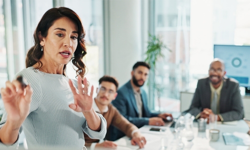 woman explaining to group around table