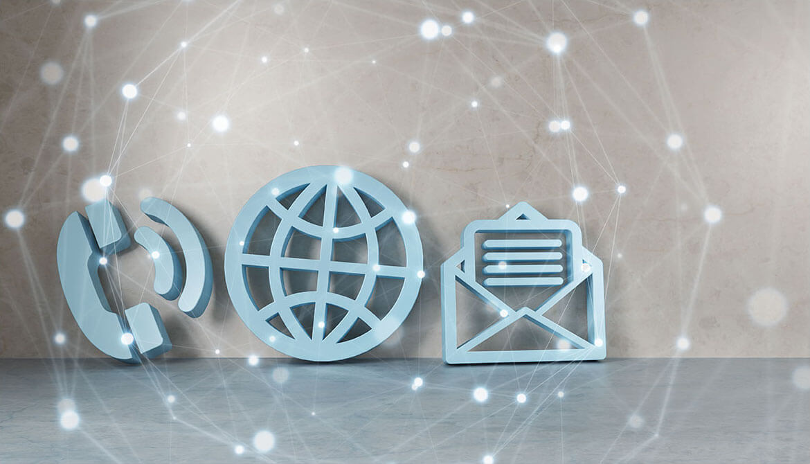 cutout icons representing communication email internet and phone