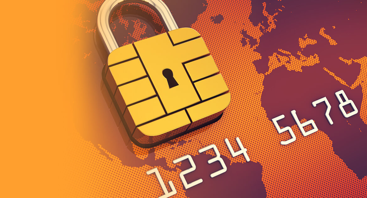 Credit card security chip forming a closed padlock representing card security and fraud protection