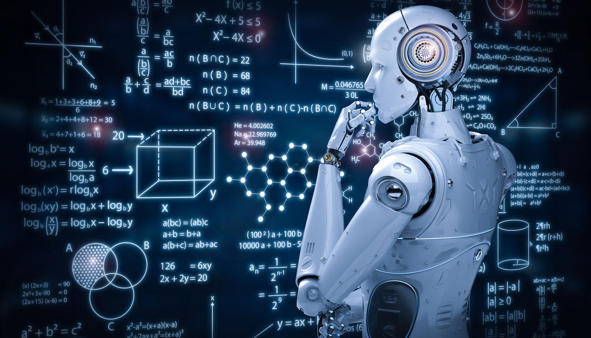 Robot thoughtfully reading a board full of complex equations signifying machine learning