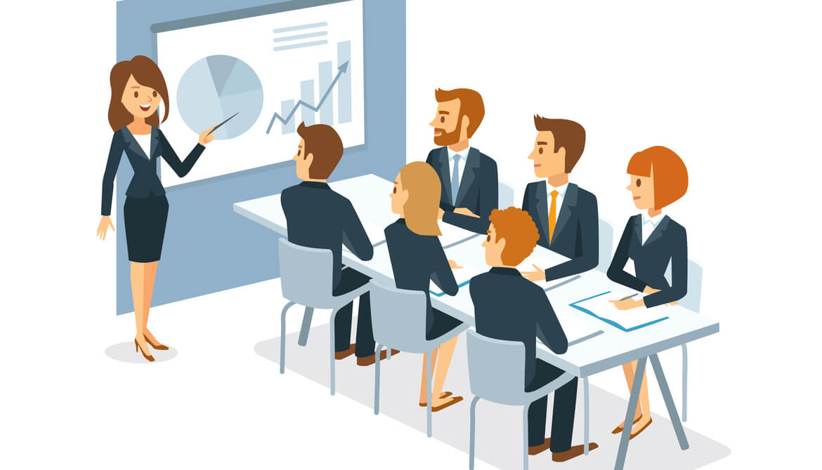 illustration of female CEO presenting dashboard metrics to board of directors