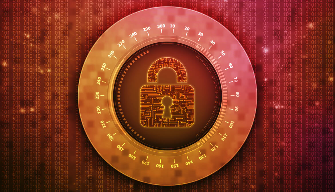 Orange digital illustration of a padlock set into the dial of a combination lock in front of a background of 1s and 0s representing data encryption