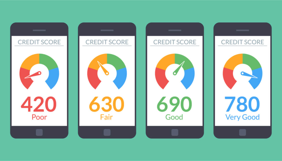 Collection smartphones with credit score app on the screen in flat style 