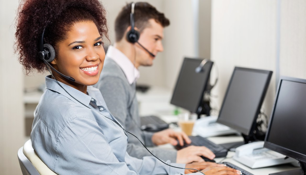 female african american call center agent smiling