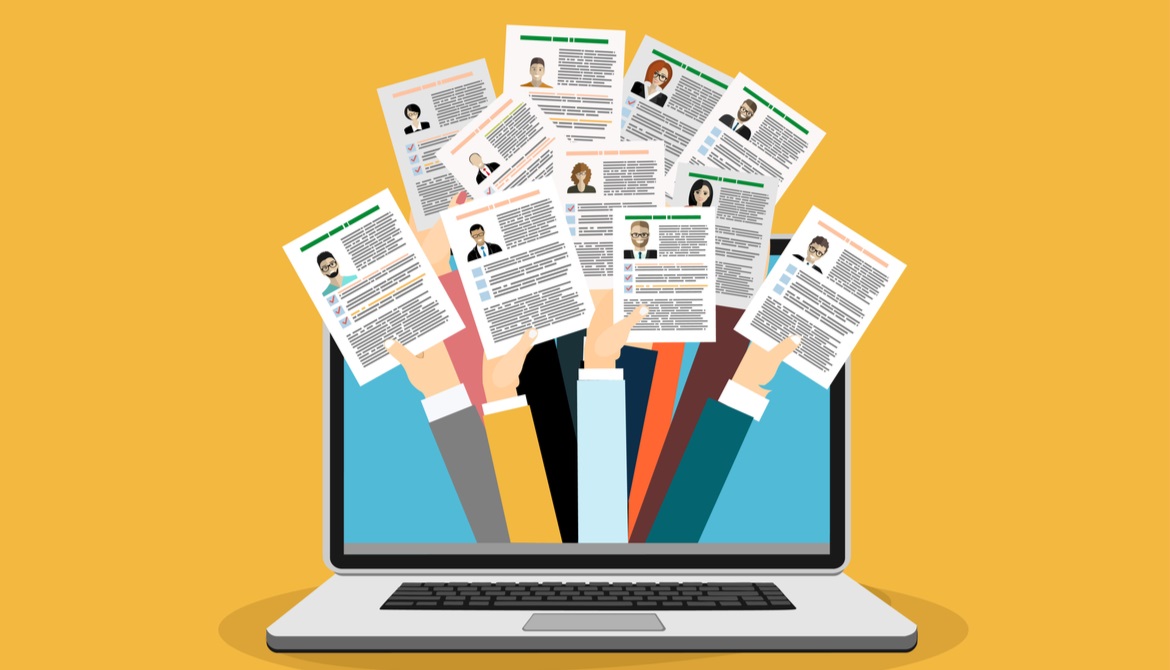 illustration of many hands holding CVs and resumes waving from a laptop screen