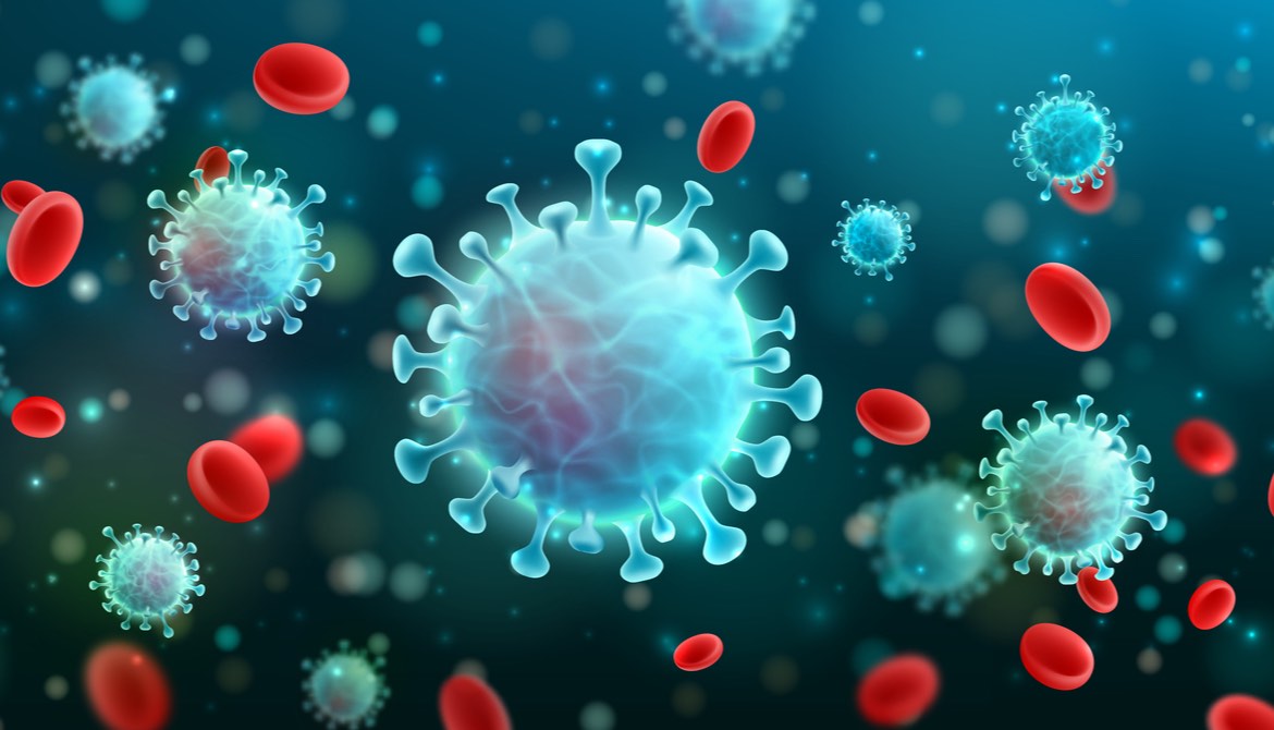 blue coronavirus floating in bloodstream with red blood platelets