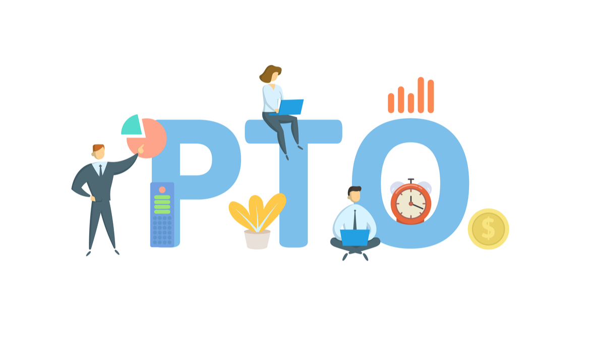 illustration of PTO with employees around the letters