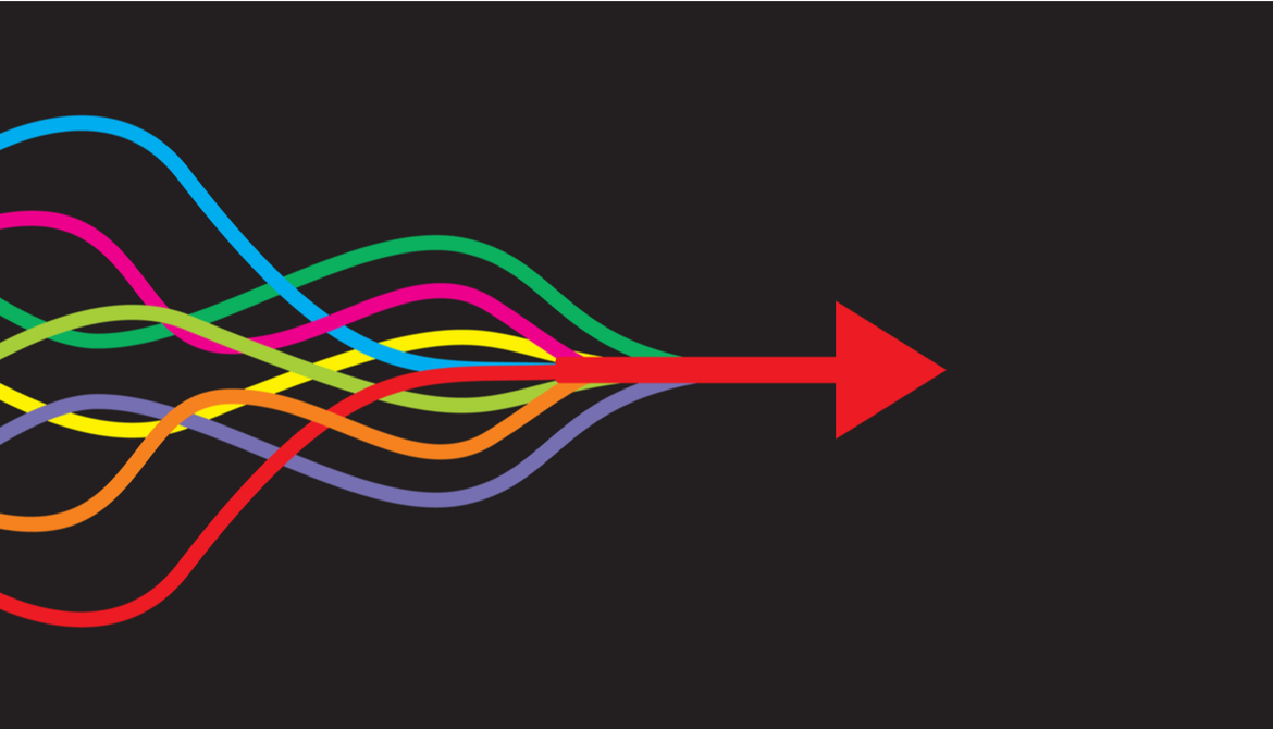 colorful strands merge to form red arrow