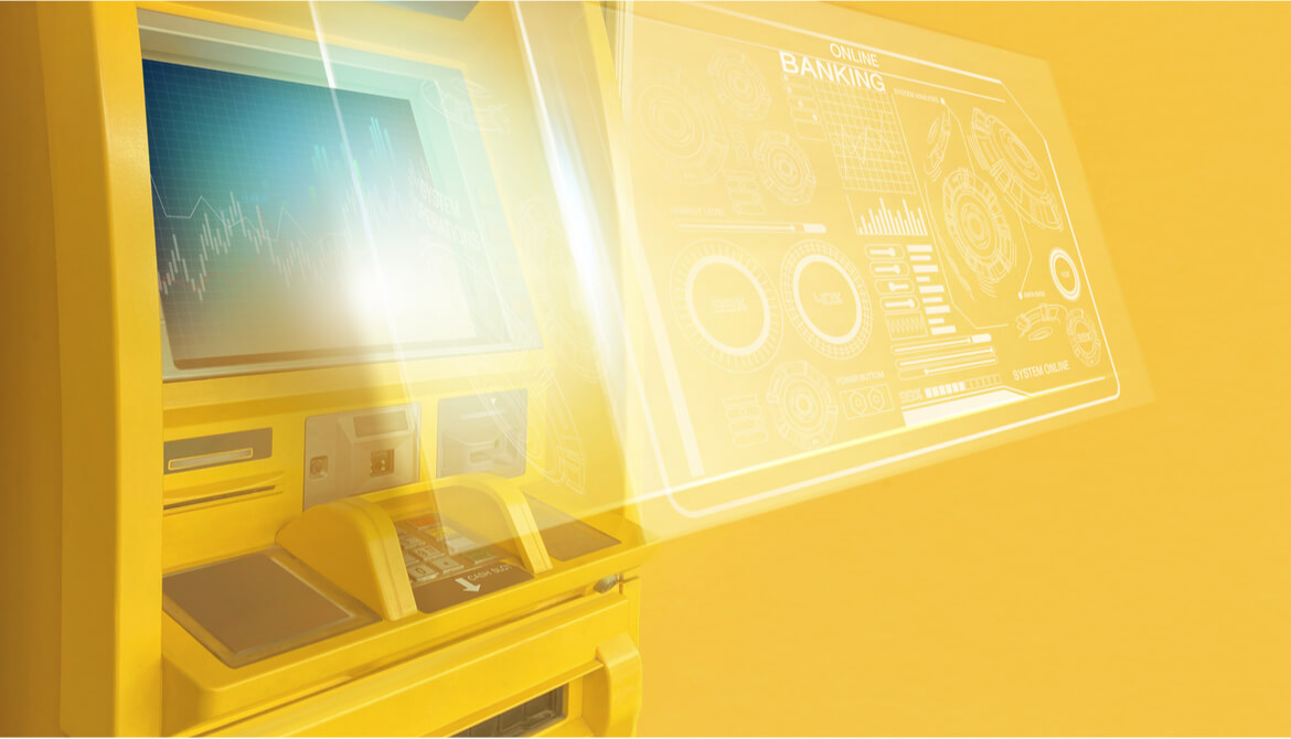 yellow ATM projecting digital holographic online banking data dashboard