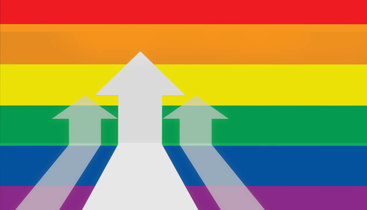 arrows move up and forward on rainbow background