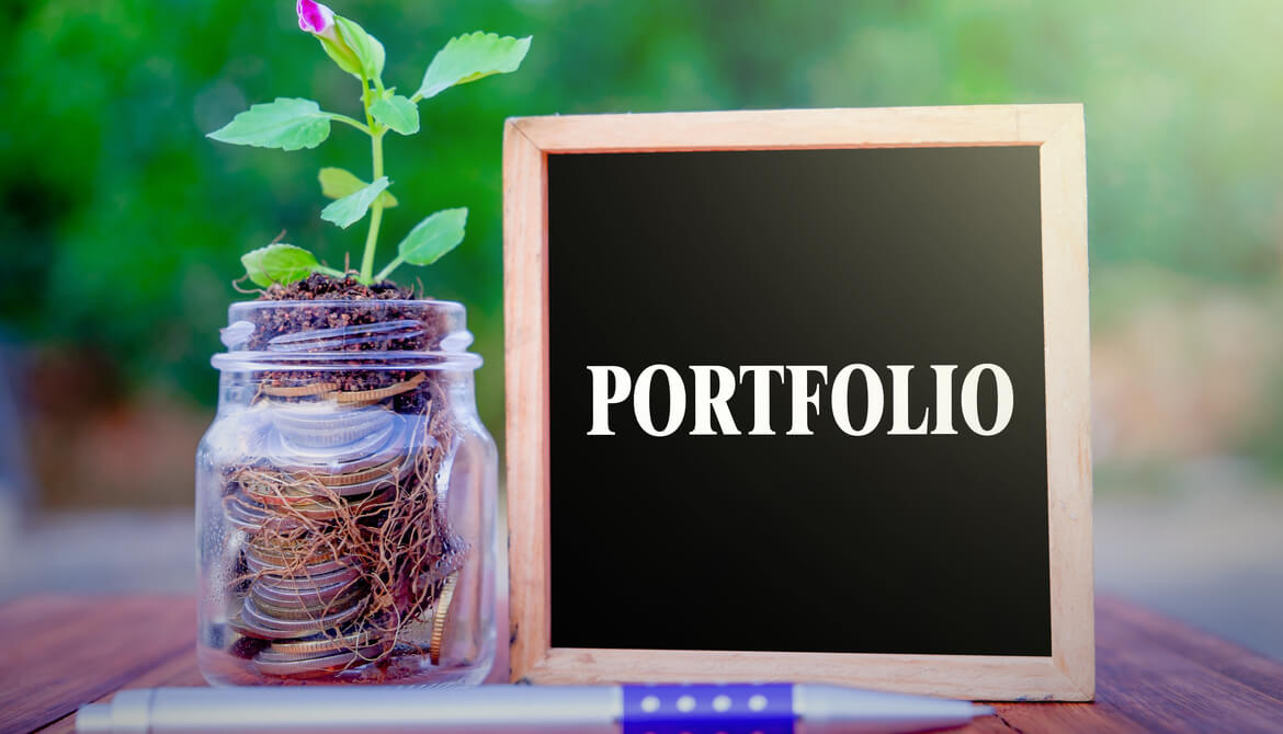 chalkboard with the word portfolio next to growing plant