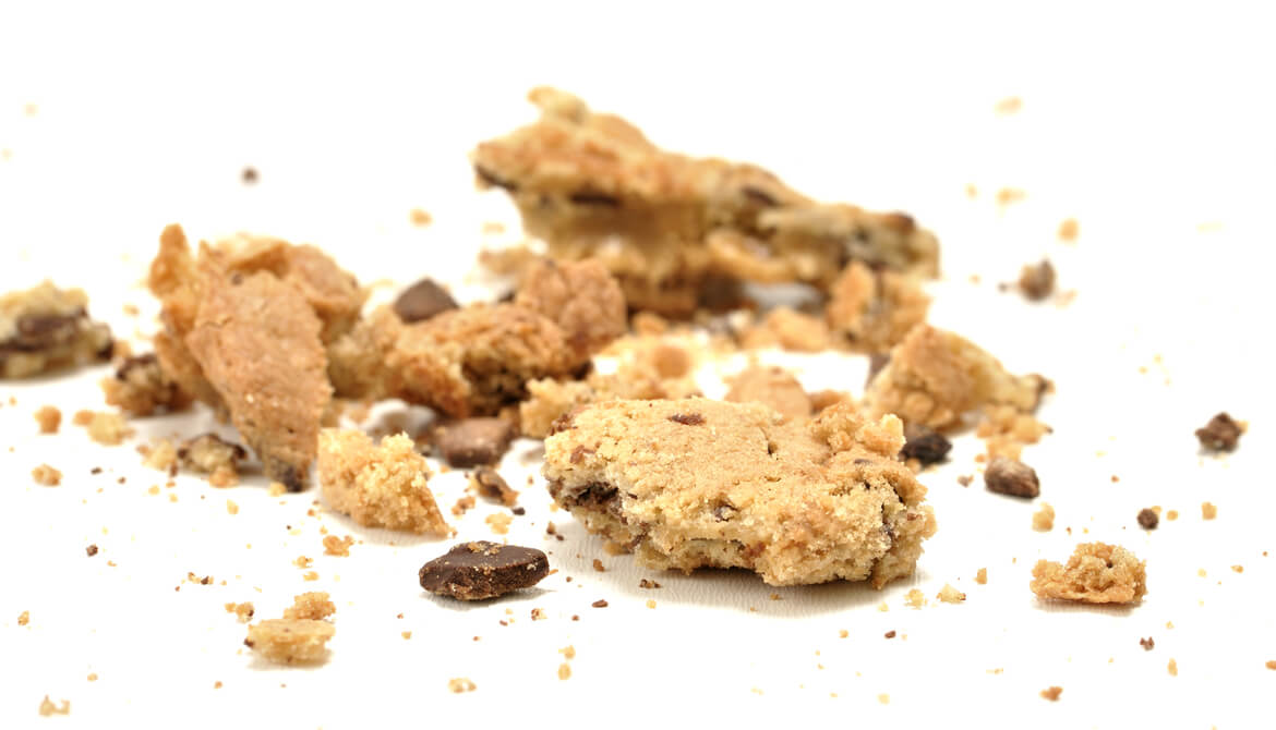 closeup of smashed crumbled chocolate chip cookie