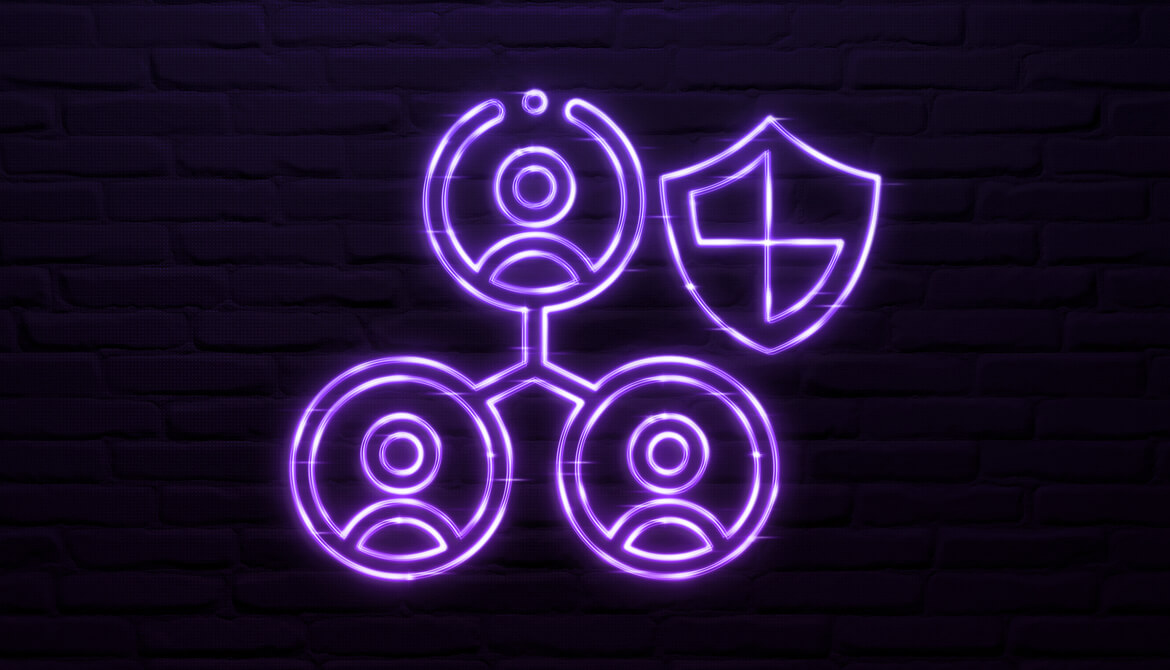 neon purple illustration of security shield with networked people