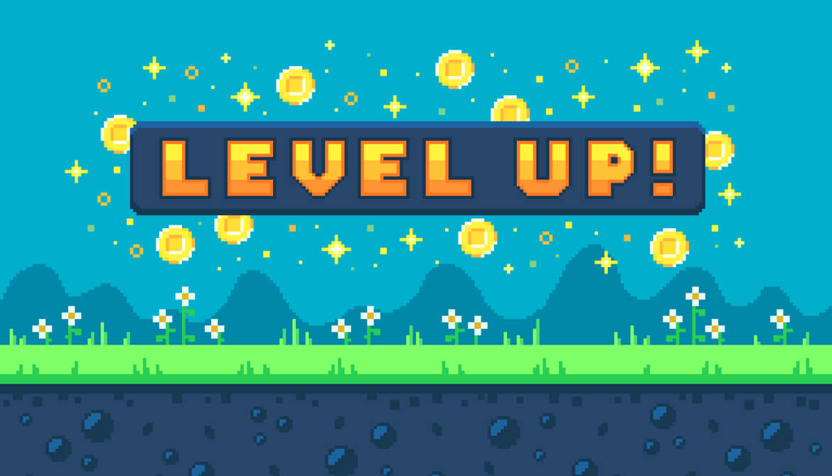 Retro pixel art outdoor landscape with level up game banner