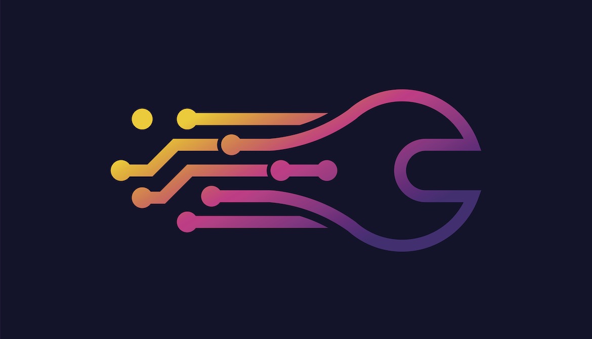digital illustration of a colorful wrench made of circuitry