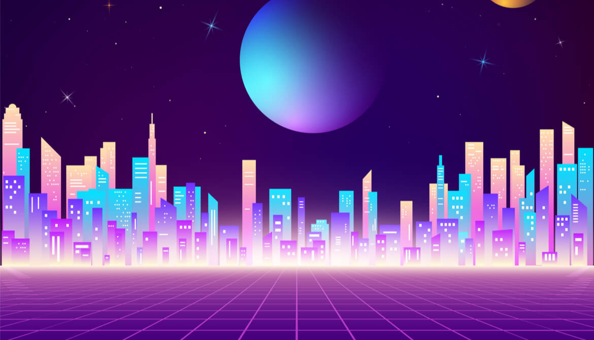 virtual neon rendering of a virtual city and moon