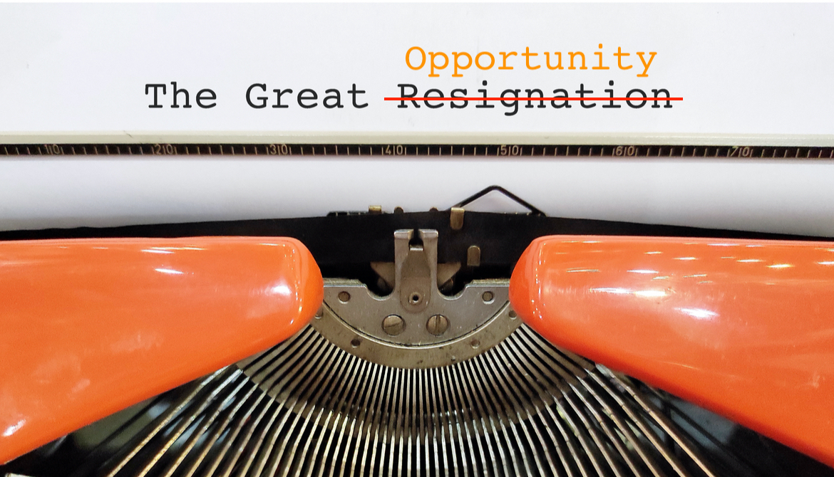 The Great Resignation typed text above orange typewriter with word Resignation crossed out and Opportunity typed above it