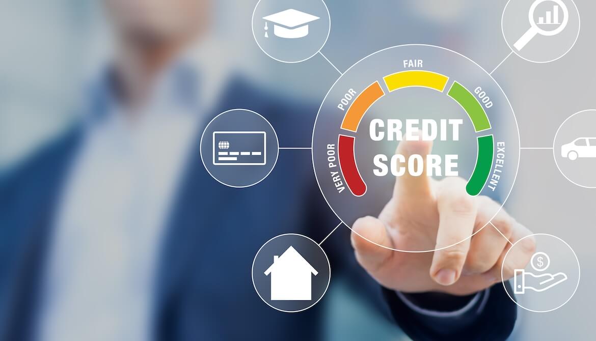 businessman reaches out to touch dashboard of credit score and other financial data including mortgage and student loans